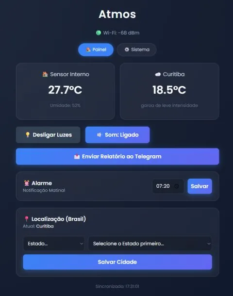 Painel web servido pelo próprio ESP32: temperatura interna e externa lado a lado, botões para luzes e som, envio de relatório ao Telegram, horário da notificação matinal e seleção de estado e cidade.
