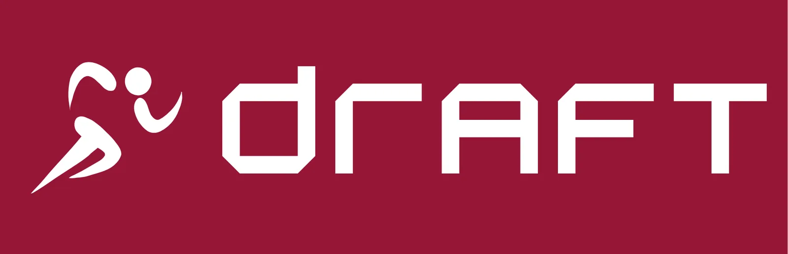 Logotipo do Draft: um ícone estilizado de atleta correndo ao lado do nome 'draft' em letras brancas sobre fundo grená.
