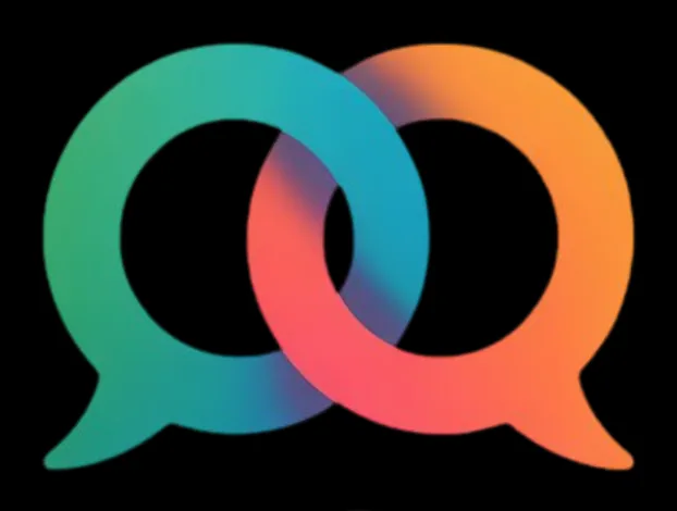 Logotipo do Leshar: dois balões de conversa coloridos entrelaçados, um em degradê verde-azul e outro em degradê laranja-vermelho.